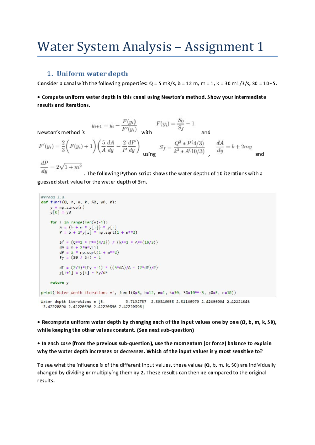 Water System Analysis - Assignment 1 (Grade 7.5) - Studeersnel