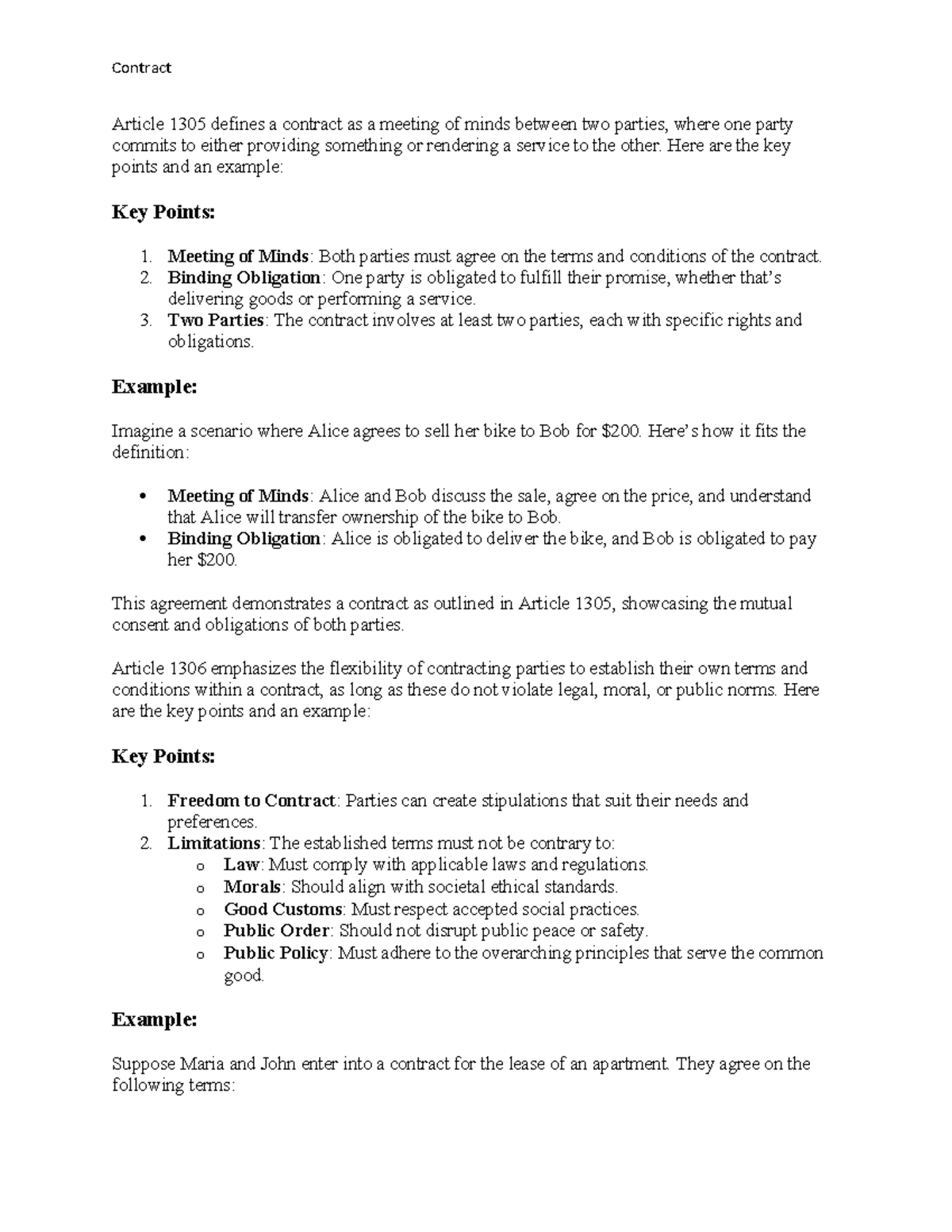 Contract - keypoints - Article 1305 defines a contract as a meeting of ...