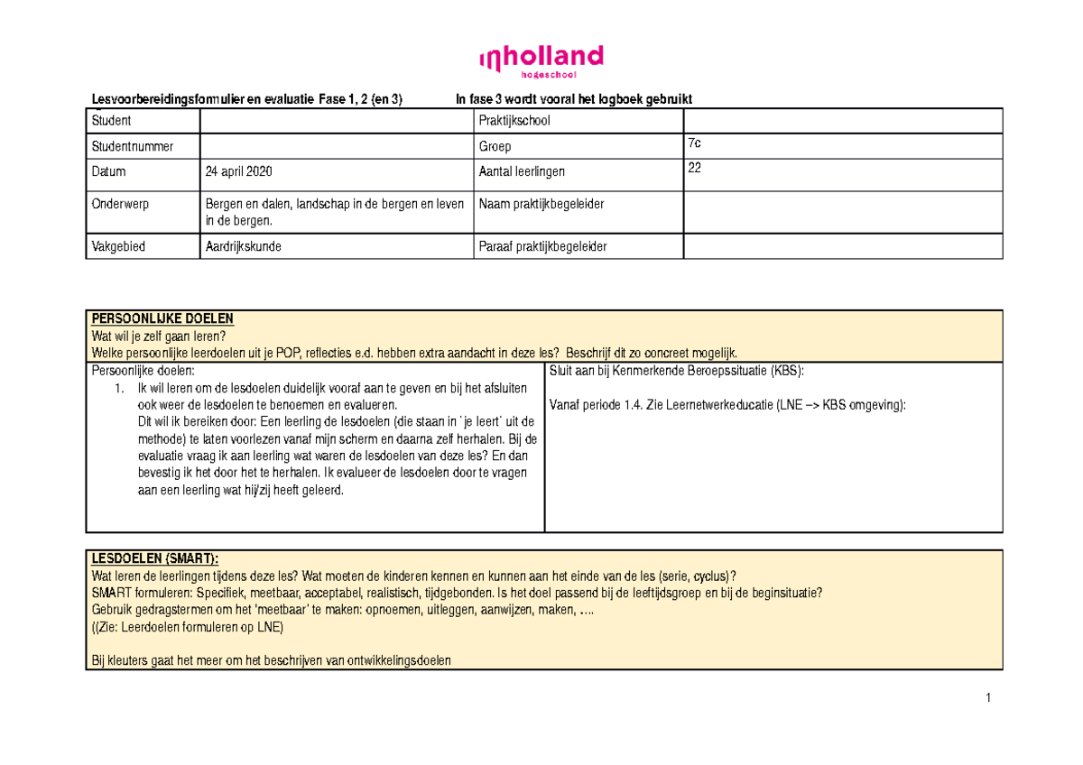 Lesvoorbereidingsformulier Aardrijkskunde 24 april 2020 studeersnel