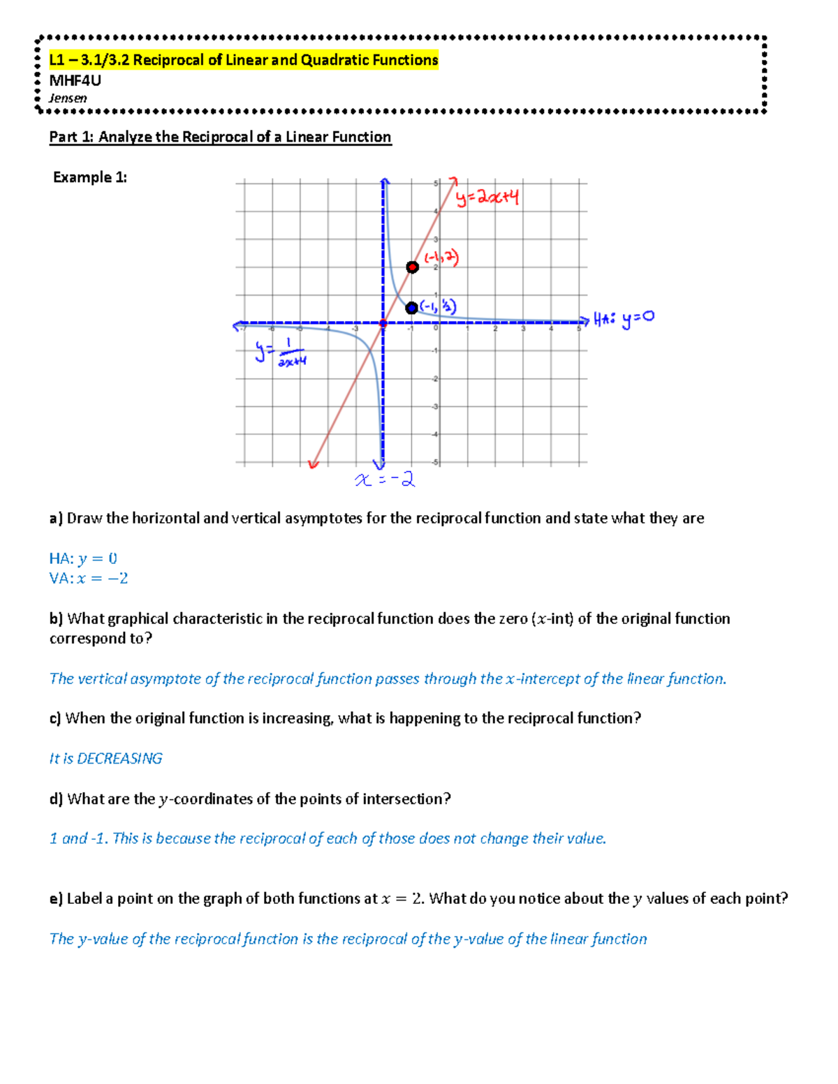 UNIT 2.4 -6(3 - reciprocal+of+linear+and+quadratic-KEY. - L1 – 3.1/3 ...