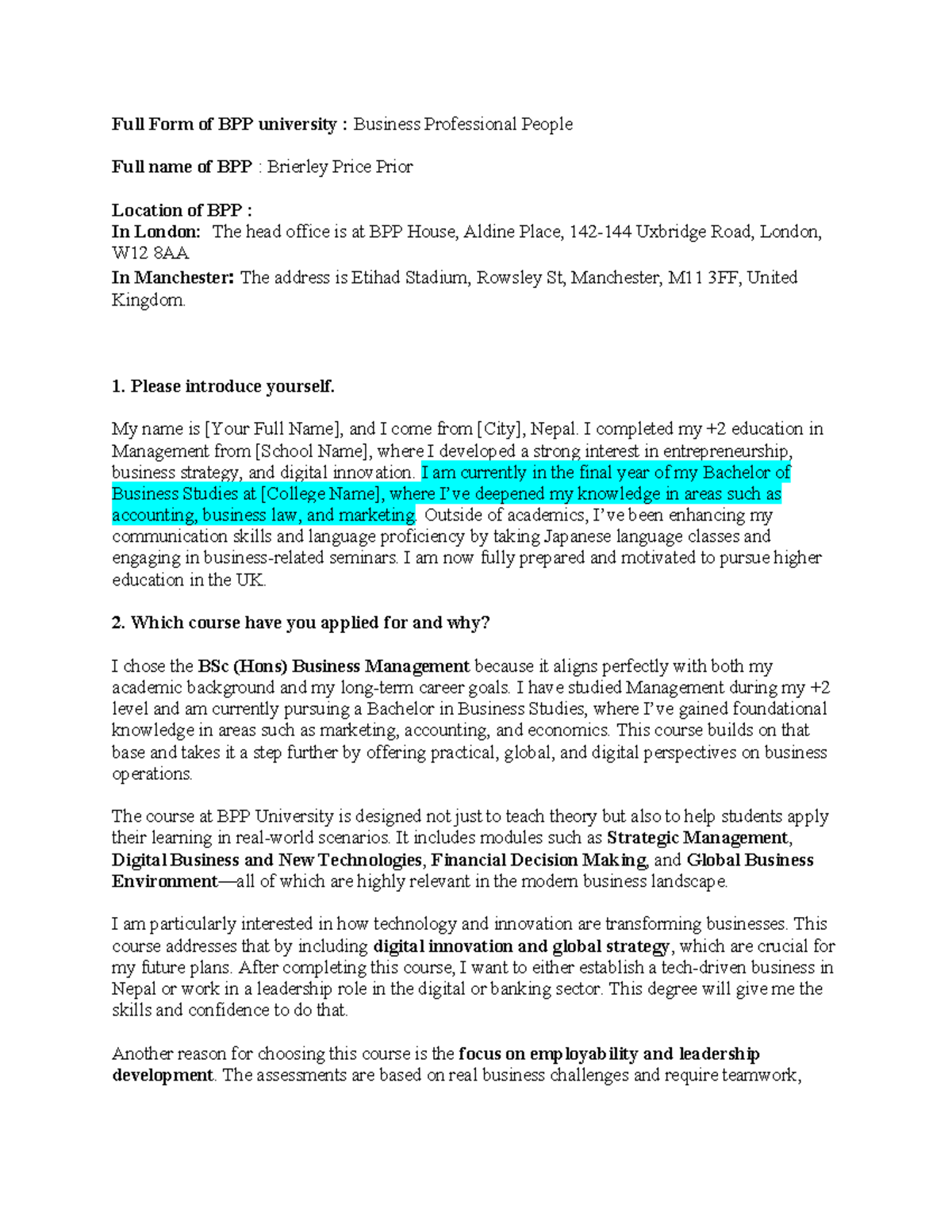 Updated Pre-CAS Questions for BPP University Application - Studocu