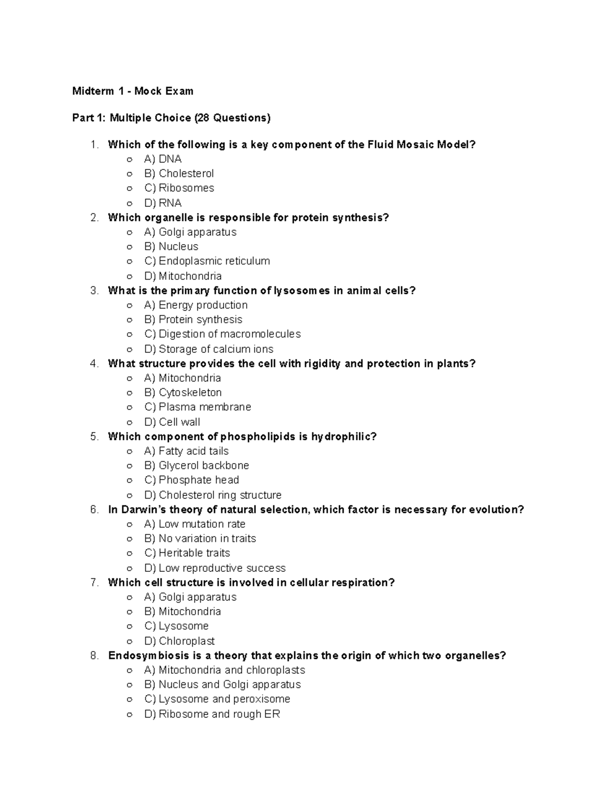 BIO101 - Midterm 1 Mock Exam Review and Practice Questions - Studocu