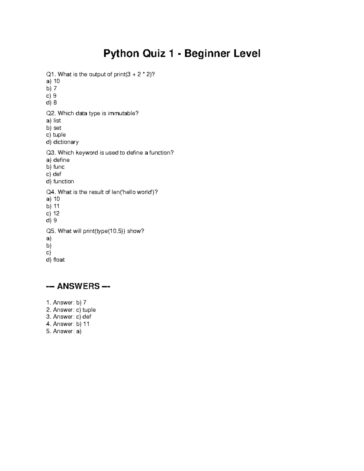 Python Quiz 1 Beginner - Practice - Python Quiz 1 - Beginner Level Q1 ...