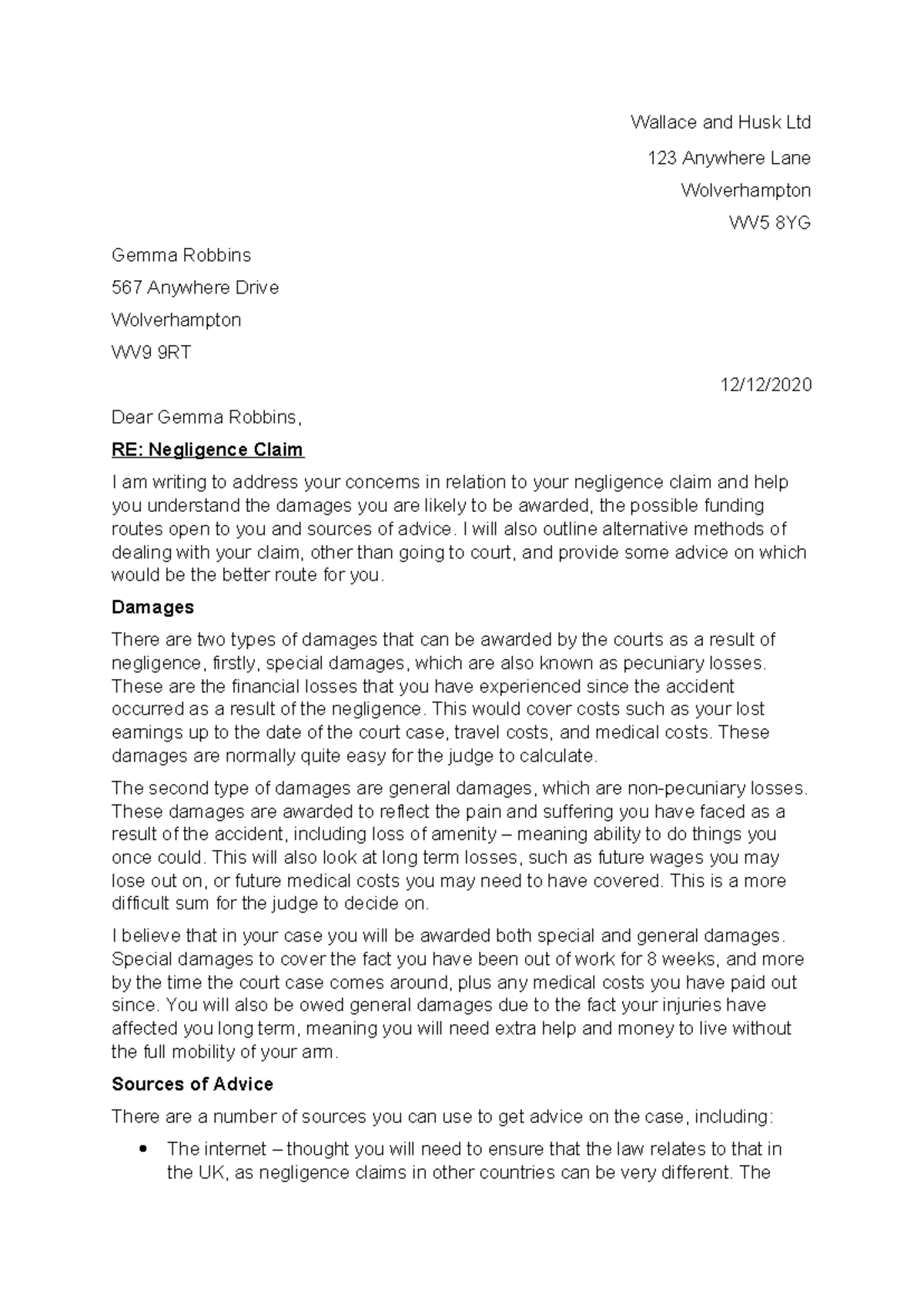 Negligence Claim Advice Letter: Wallace and Husk Ltd - Studocu