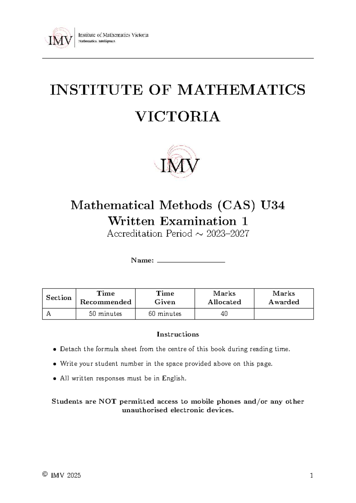 IMV 2025 Mathematical Methods (CAS) Practice Exam 1 - Studocu