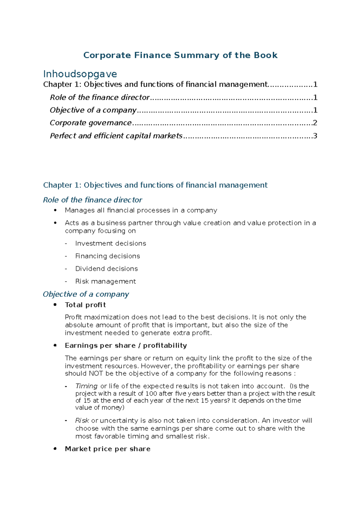 Corporate Finance Summary: Key Concepts from Chapter 1 (CF101) - Studocu