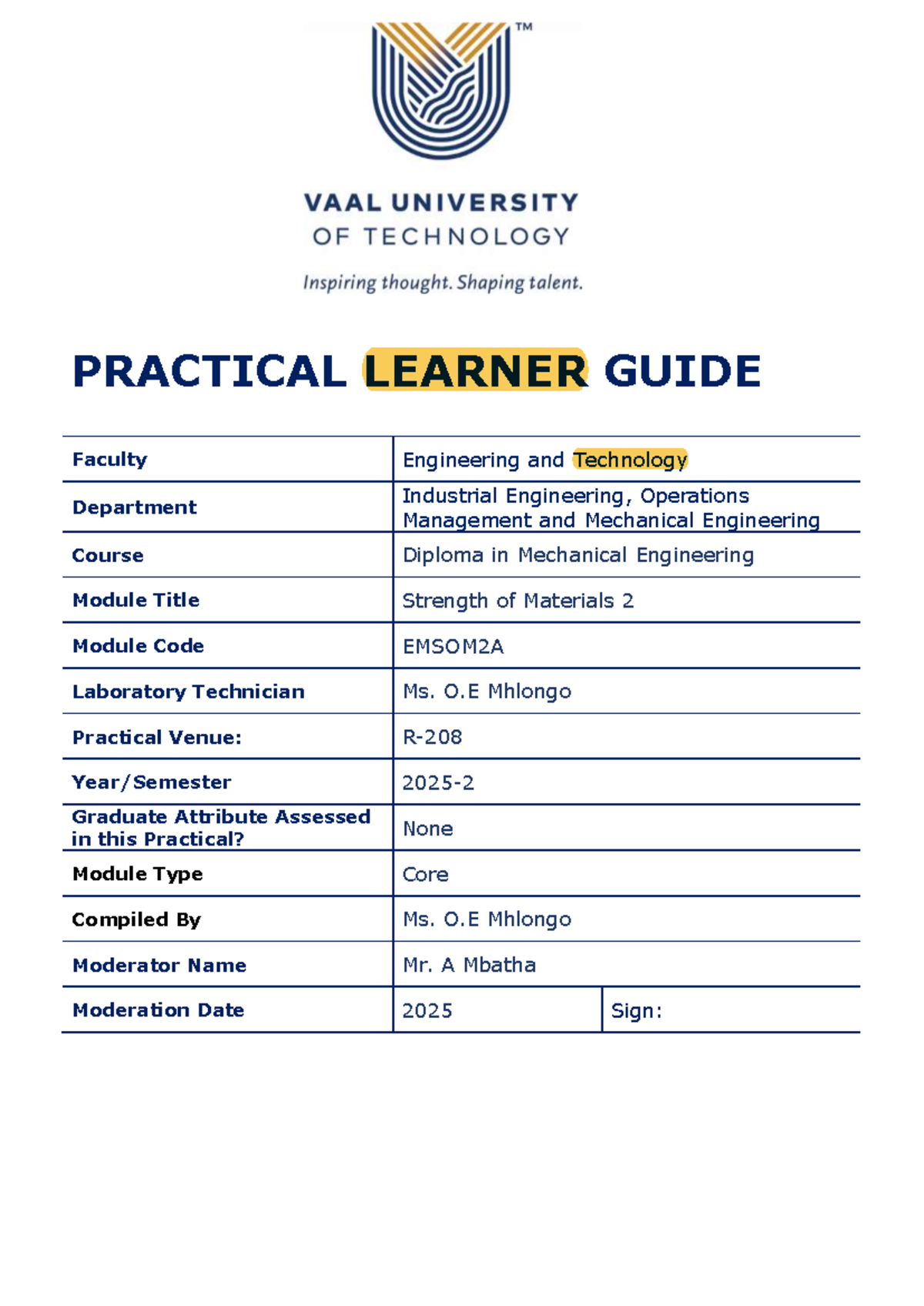 Practical Learner Guide for EMSOM2A: Strength of Materials 2 - Studocu