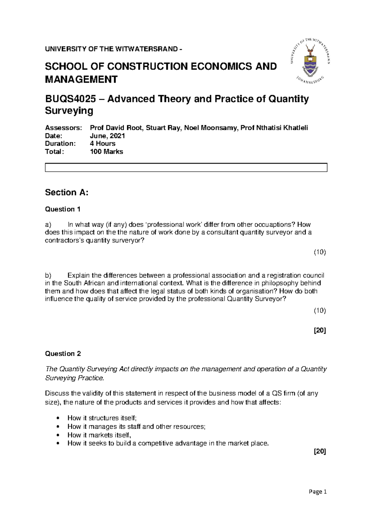 BUQS4025 June 2021 Final Exam - Advanced Quantity Surveying - Studocu