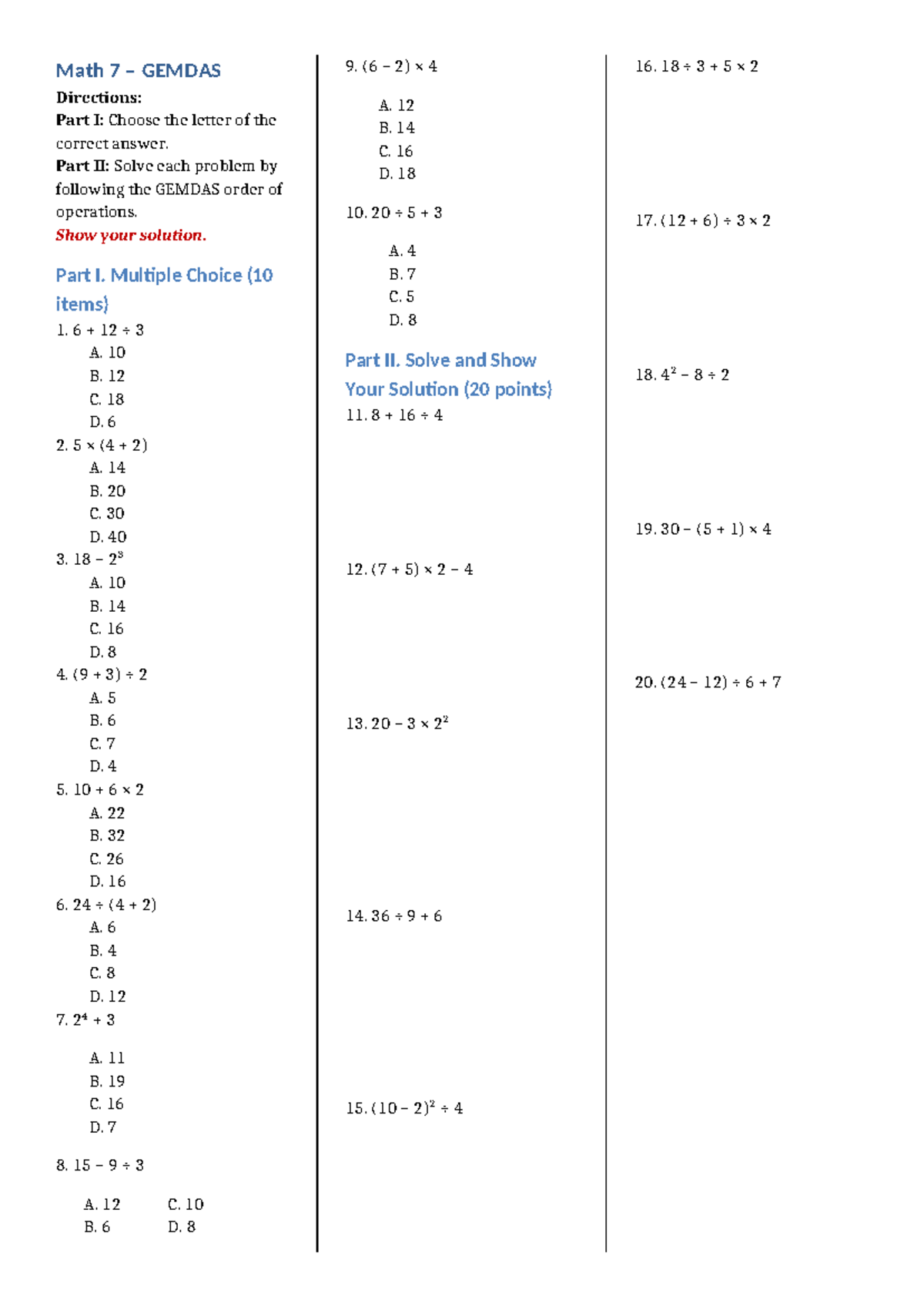 Math 7 GEMDAS Practice Set: Multiple Choice & Solutions - Studocu