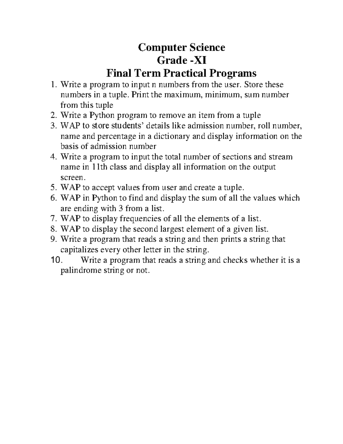 Final term practical exam programs list CS XI - Computer Science Grade ...