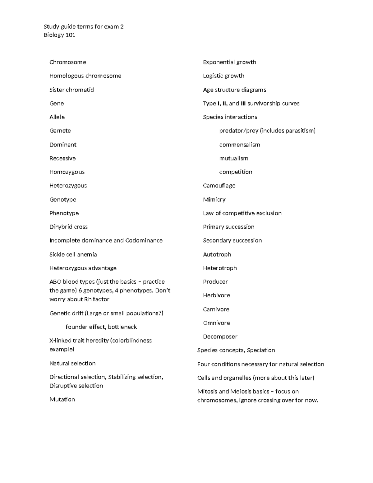 Biology 101: Study Guide Terms for Exam 2 - Studocu