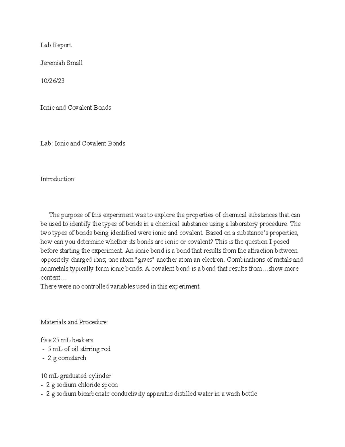 Lab Report on Ionic and Covalent Bonds - Chem 101 Experiment - Studocu