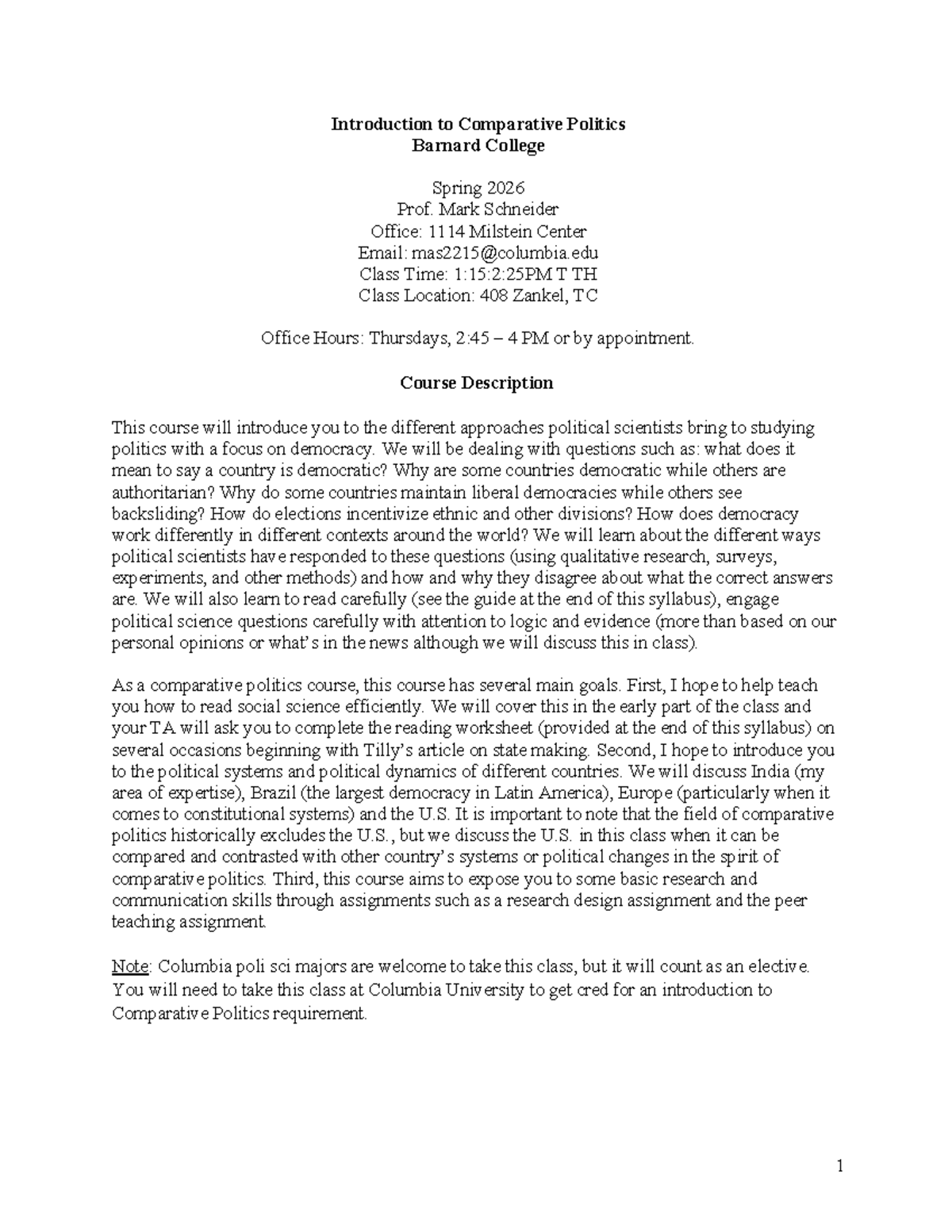 Introduction to Comparative Politics (POLS 101) - Spring 2026 Syllabus ...