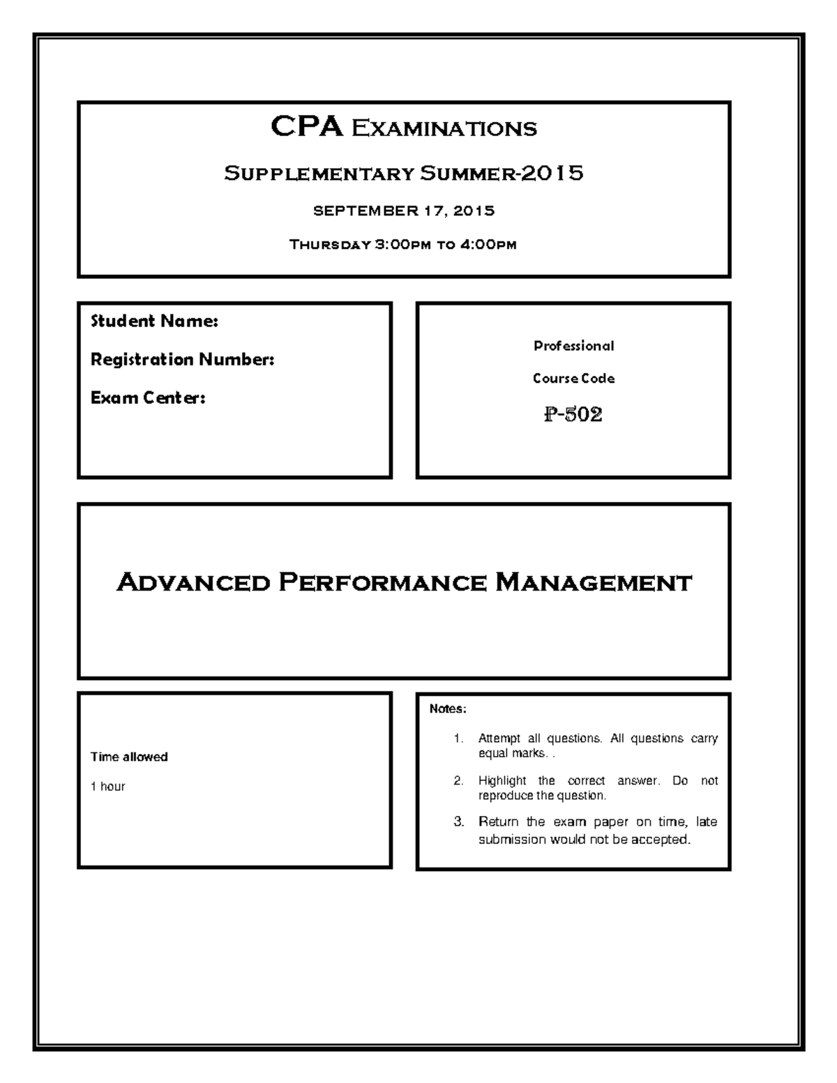 Advanced Performance Management practice exams - Student Name ...