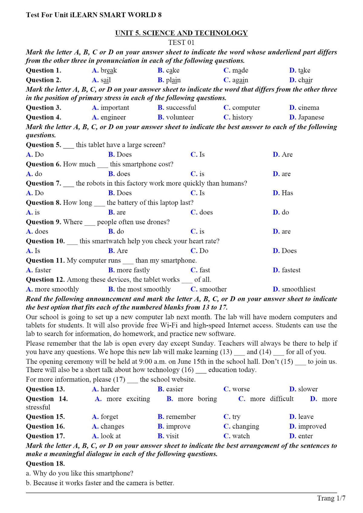 Unit 5 Science and Technology Test 01 - iLEARN SMART WORLD 8 - Document Preview