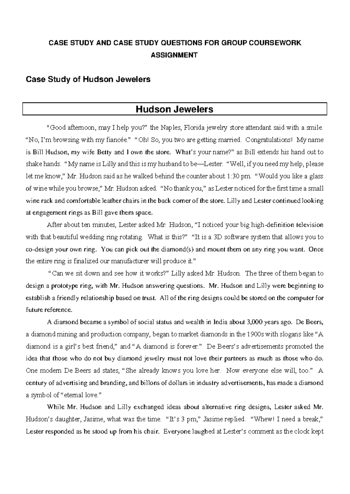 CASE Study AND CASE Study Questions FOR Group Coursework Assignment ...
