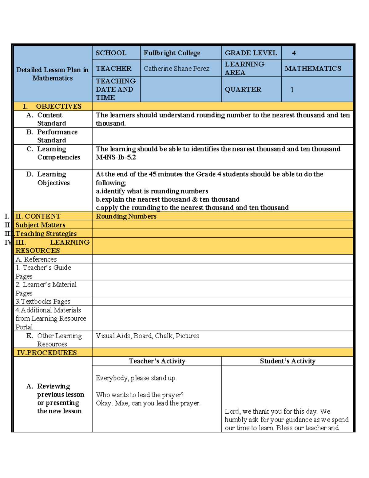Detailed Lesson Plan for Grade 4 Mathematics: Rounding Numbers - Studocu