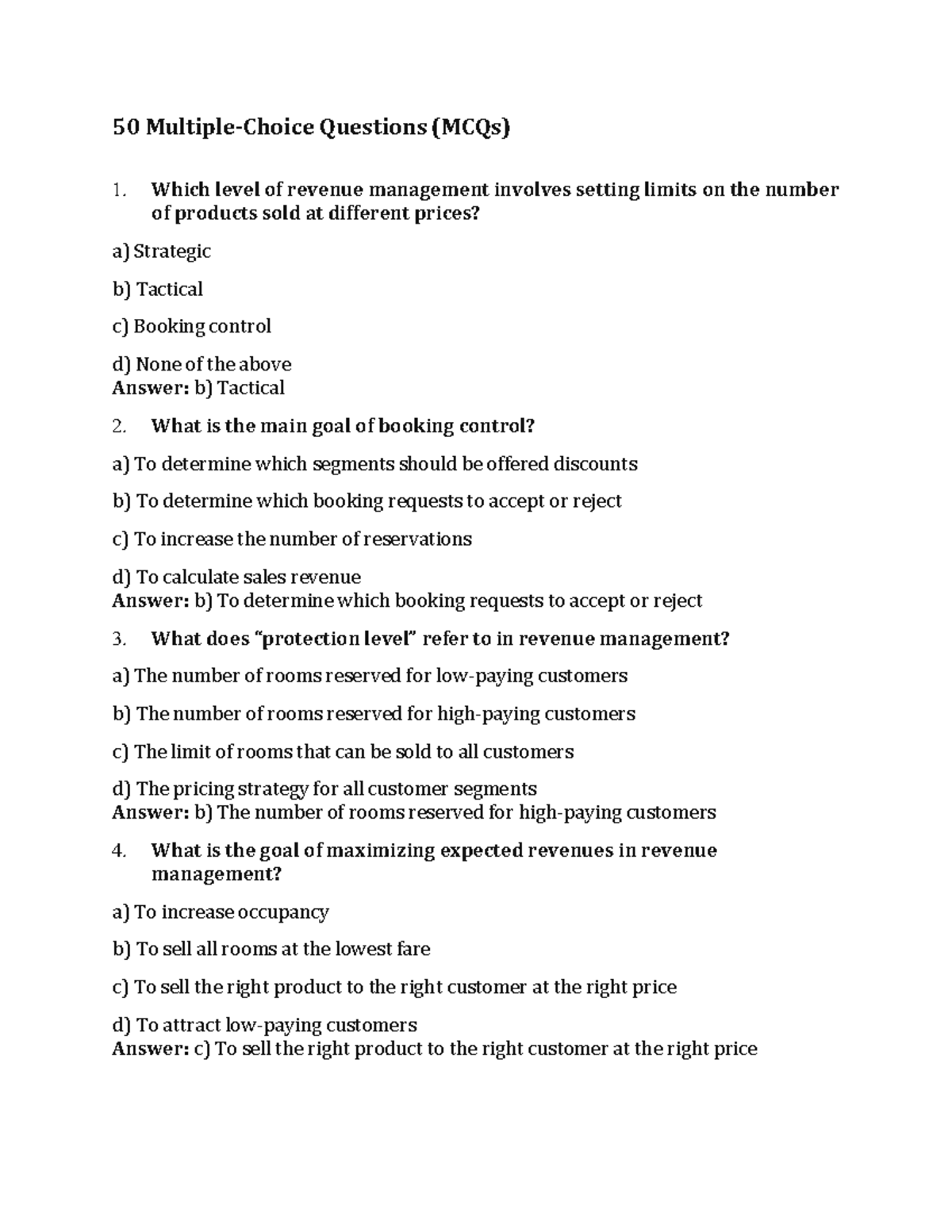 Revenue Management MCQs - M Lecture 4 - Studocu
