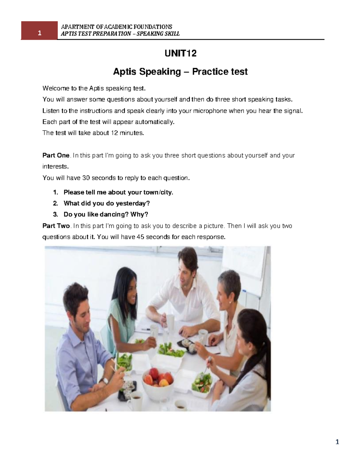 Aptis Test Prep: Speaking Skills Unit 12 Practice Guide - Studocu