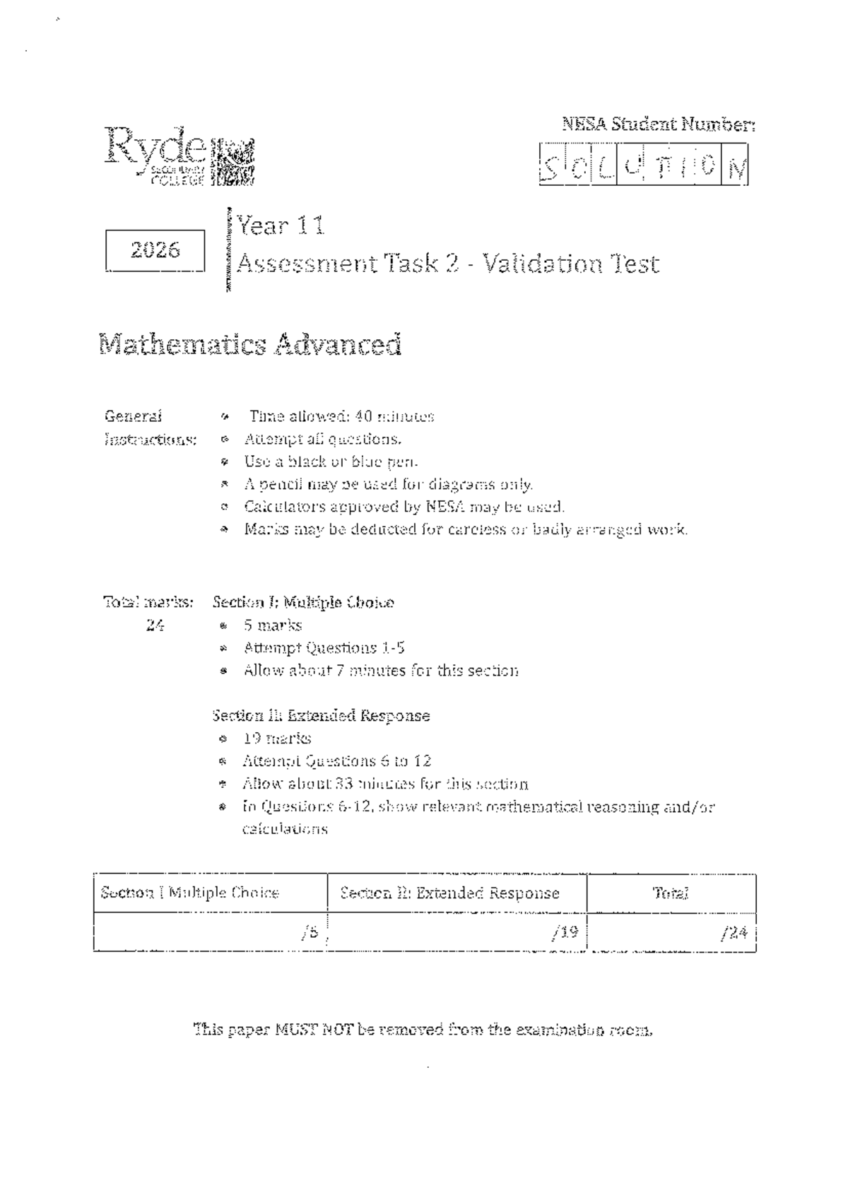 Year 11 2026 Mathematics Advanced Task 2 Validation Test Solutions ...