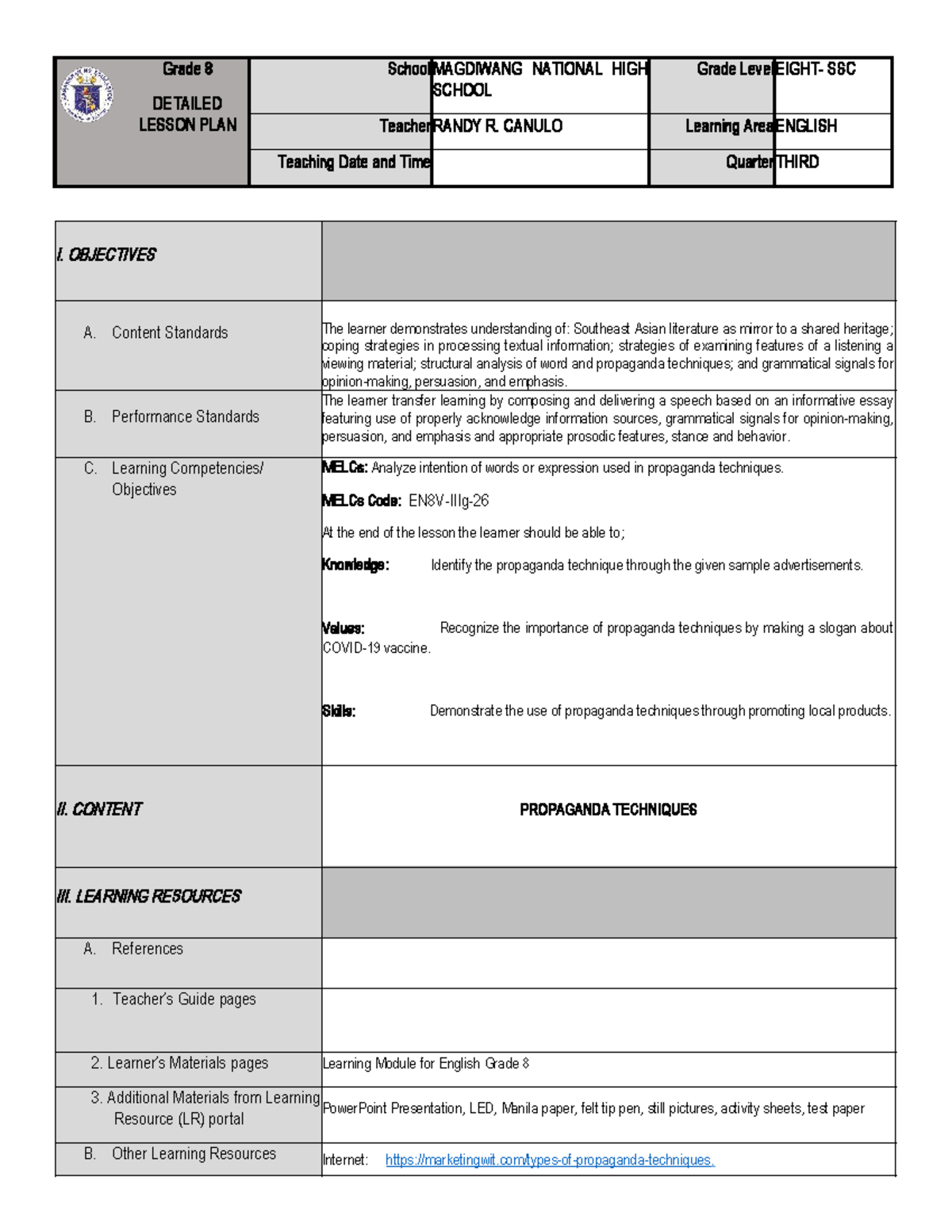 Grade 8 English Lesson Plan: Understanding Propaganda Techniques - Studocu