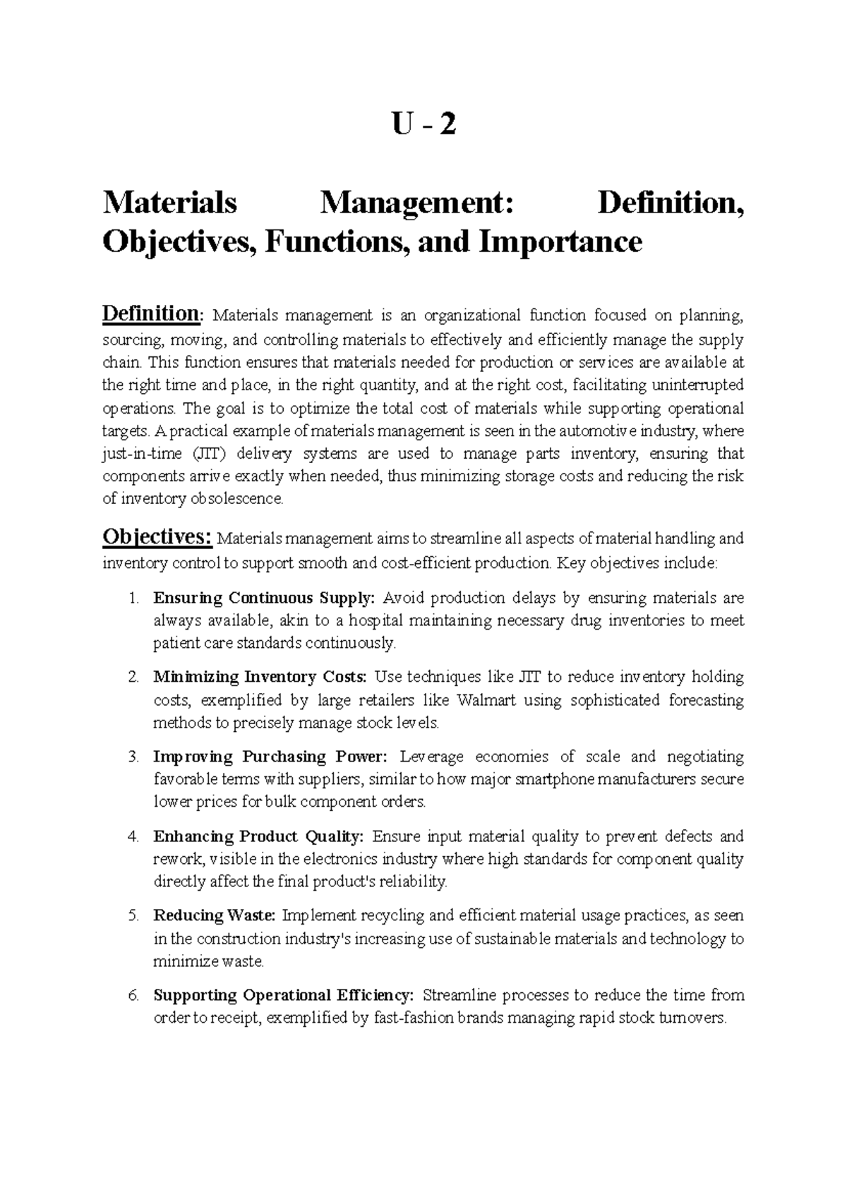 PM UNIT 2: Materials Management - Definition, Objectives, and Functions ...