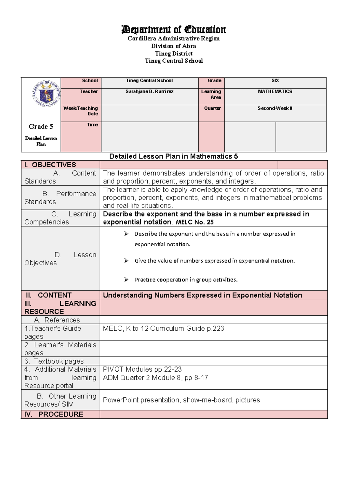 MATHEMATICS Lesson Plan for Grade 5: Exponential Notation (Sarah ...