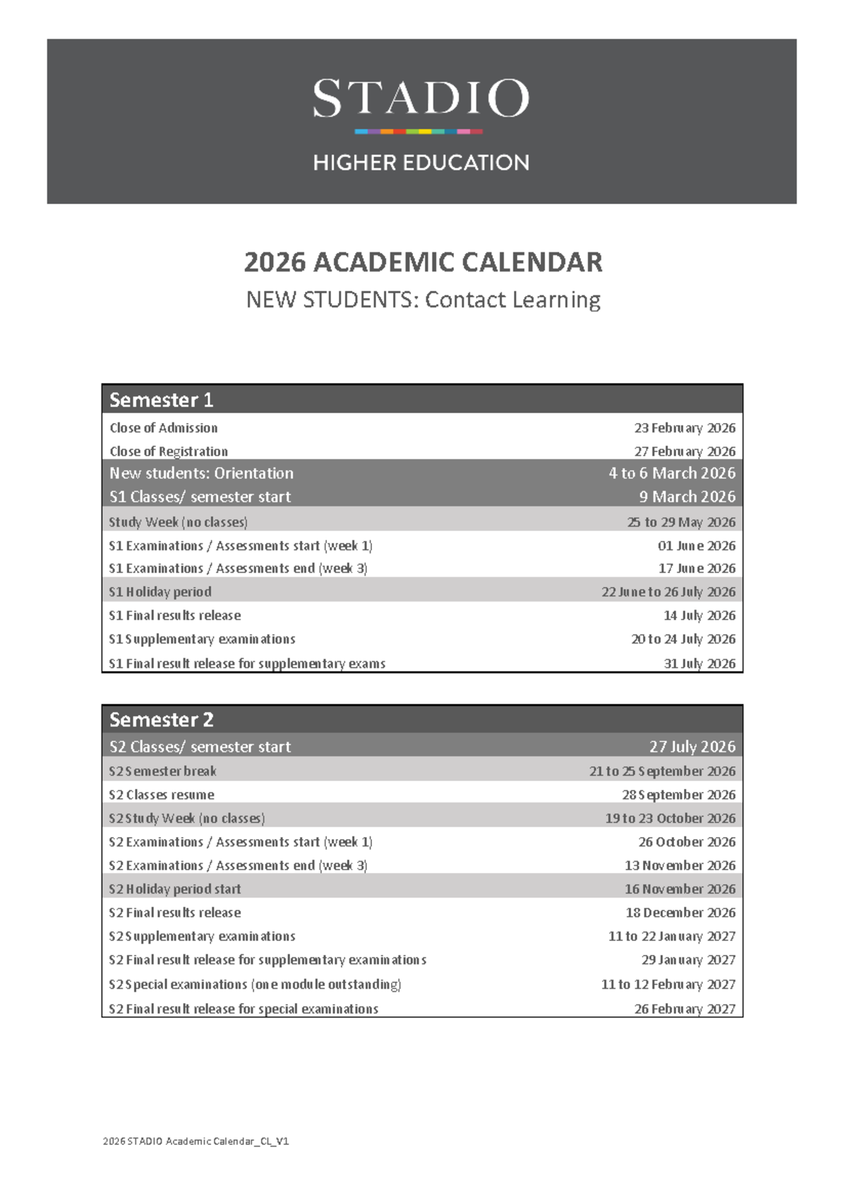 Stadio 2026 Academic Calendar for New Students (CL) - Studocu