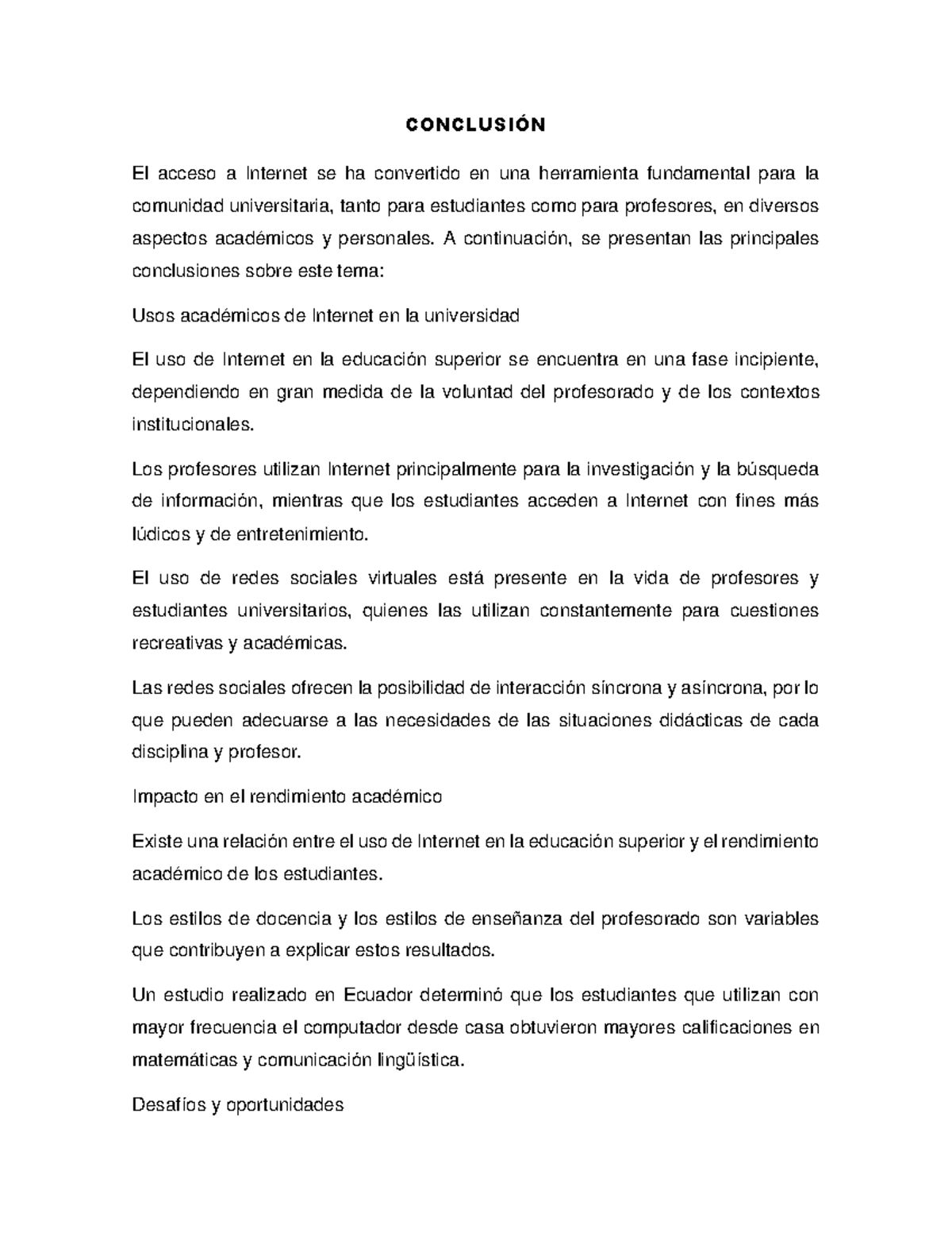 Conclusiones sobre el Uso de Internet en la Educación Superior - Studocu