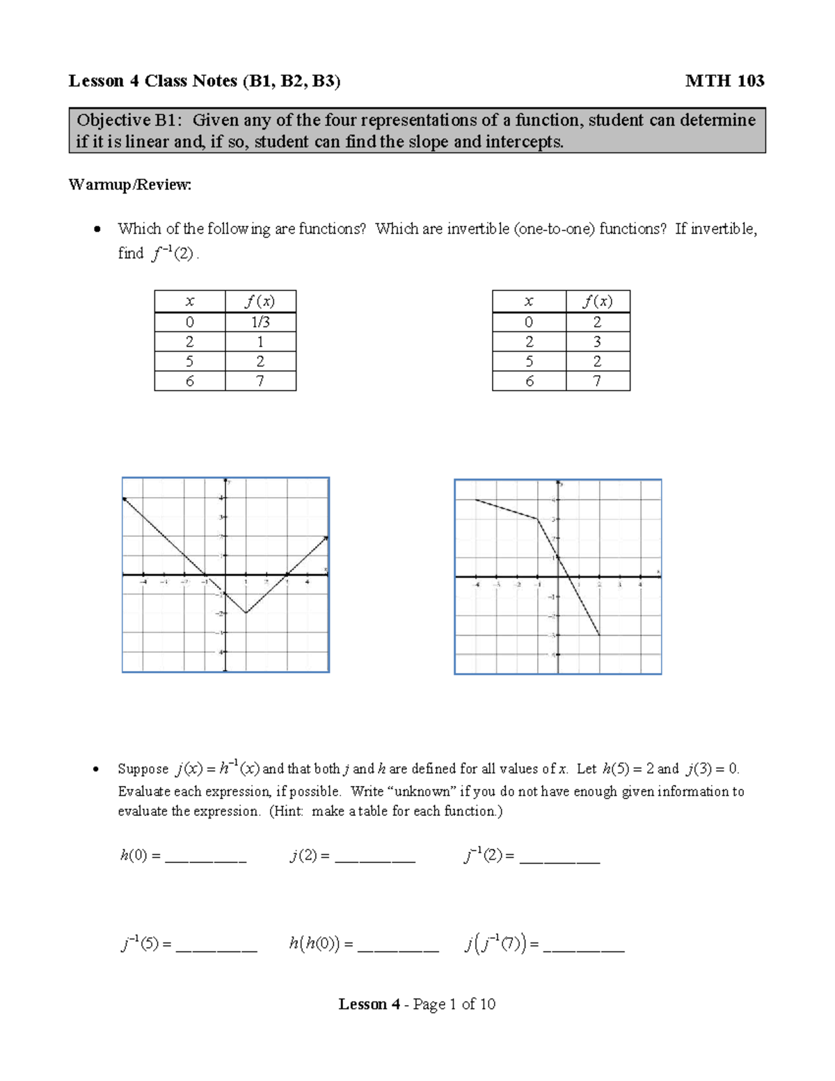 Lesson 4 Class Notes (B1-B3) for MTH 103: Linear Functions Overview ...
