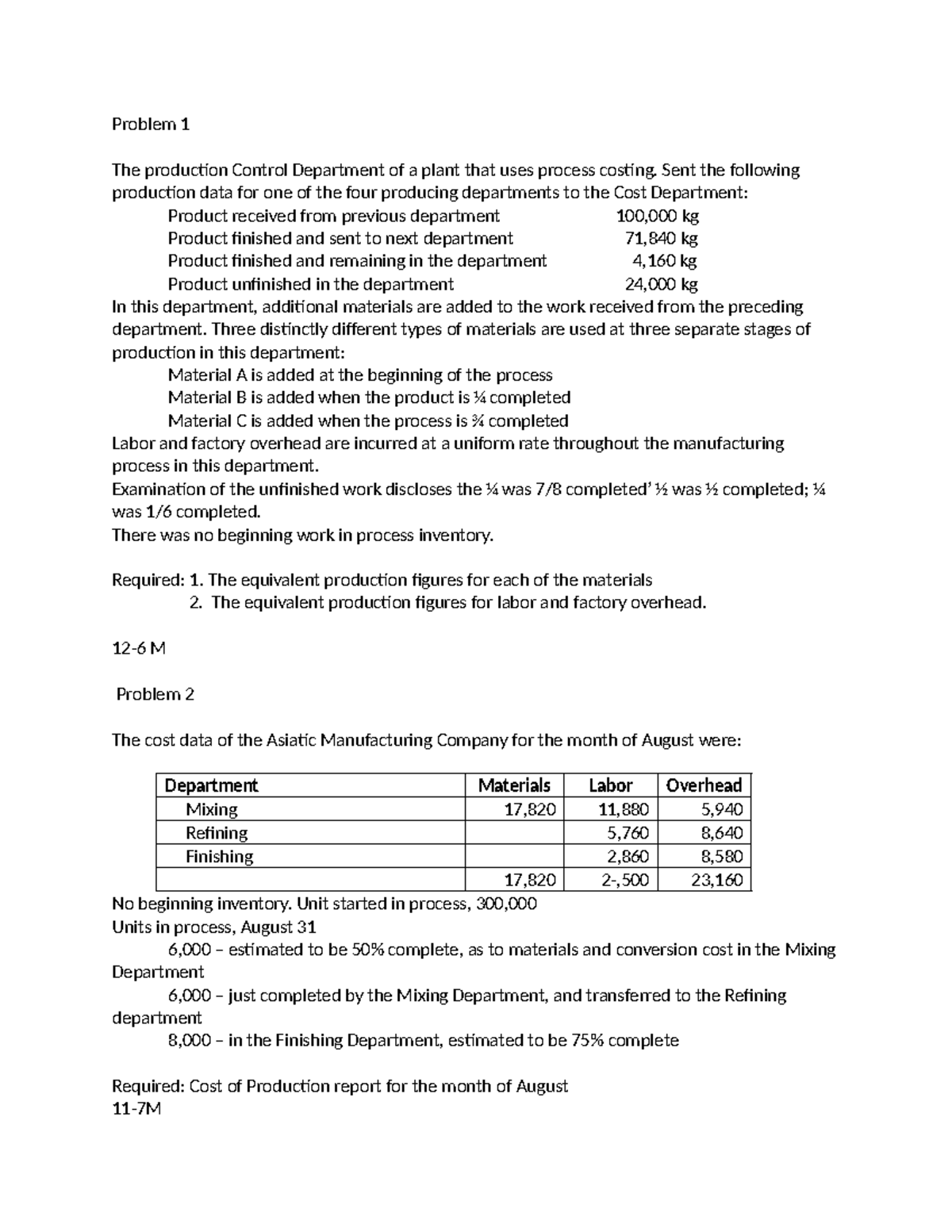 Process Costing Problems 1: Production Control & Cost Reports - Studocu