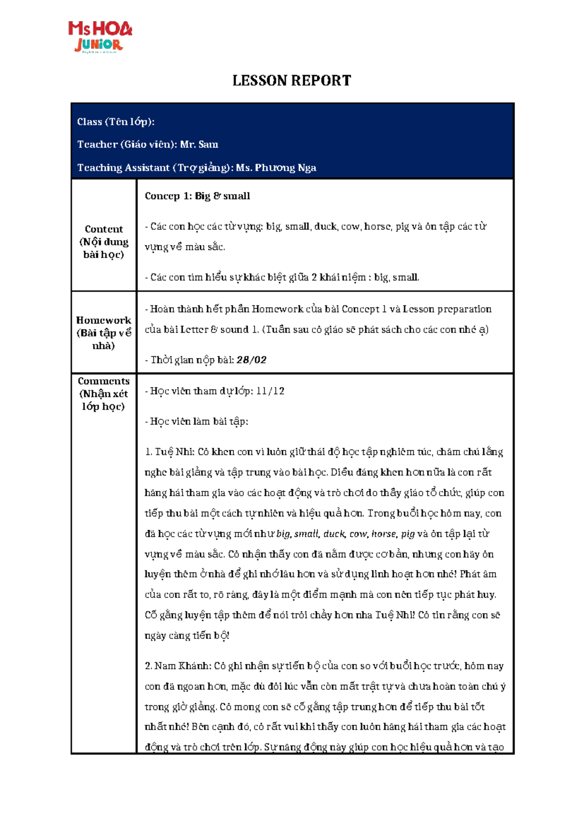 Lesson Report - Concept 1 - Kiddie - LESSON REPORT Class (Tên l ớp ...