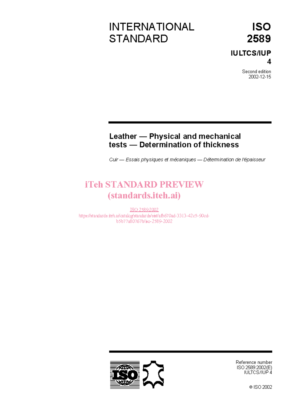 ISO 2589:2002 Leather Thickness Testing Standards Overview - Studocu