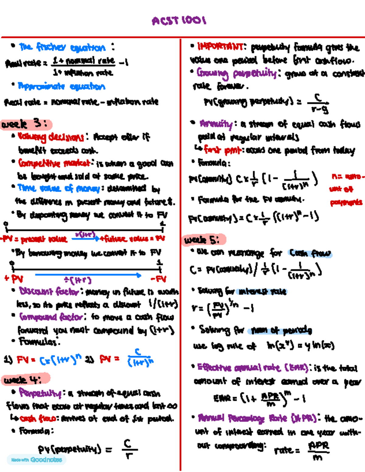 ACST 100 1 Time Value of Money: Perpetuity & Annuity Formulas Notes ...
