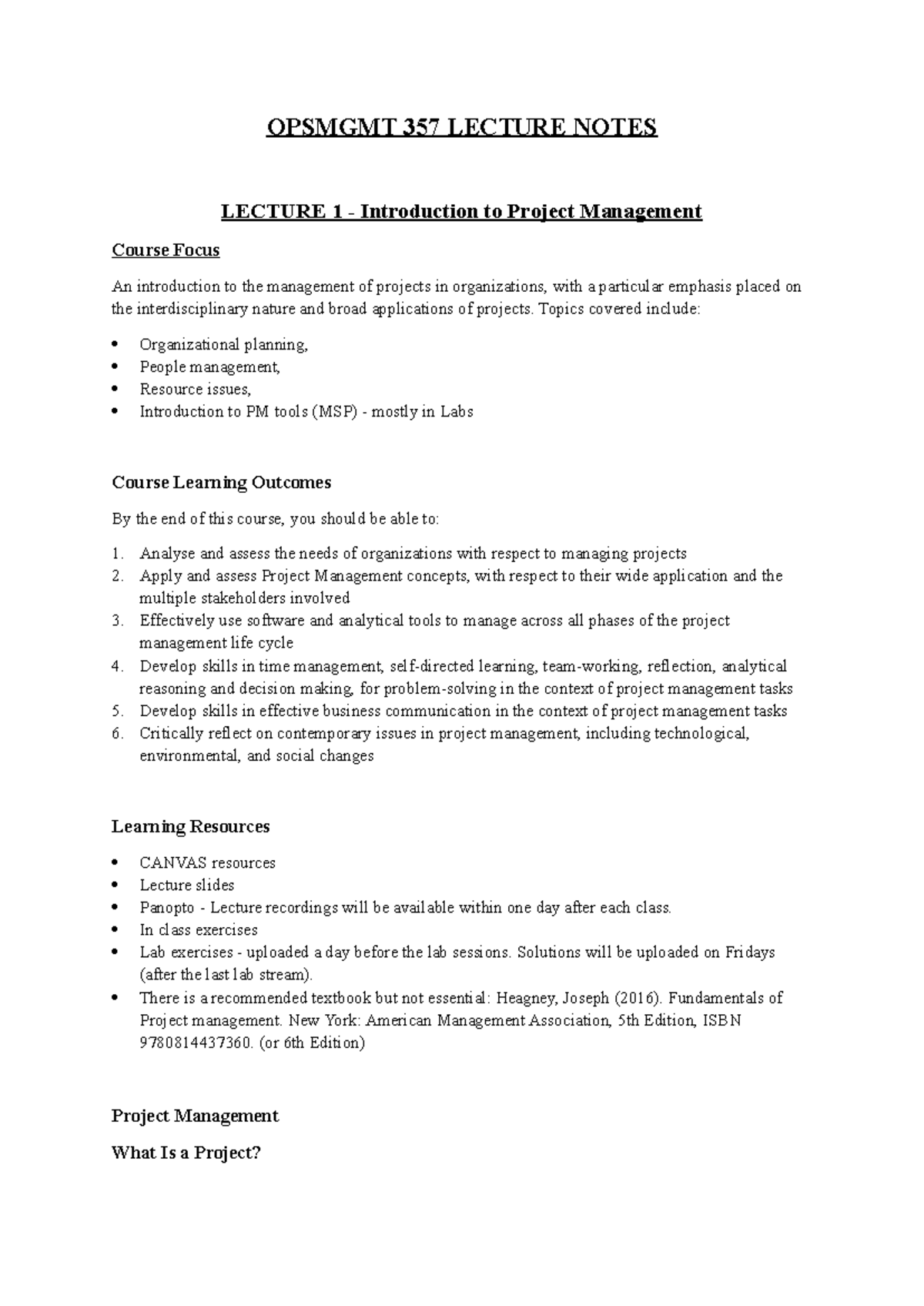 OPSMGMT 357 Lecture Notes: Key Concepts in Project Management - Studocu