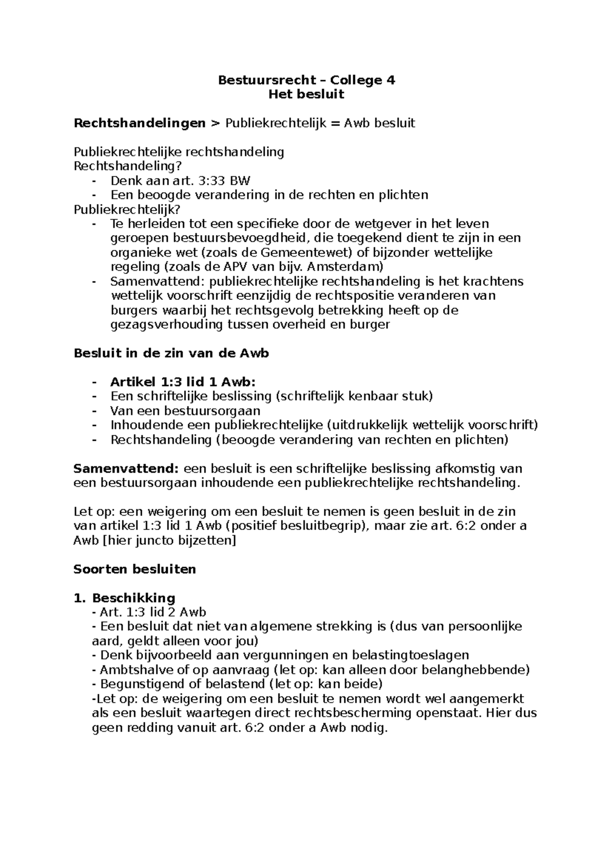 Bestuursrecht College 4: Besluiten en Publiekrechtelijke Handelingen ...