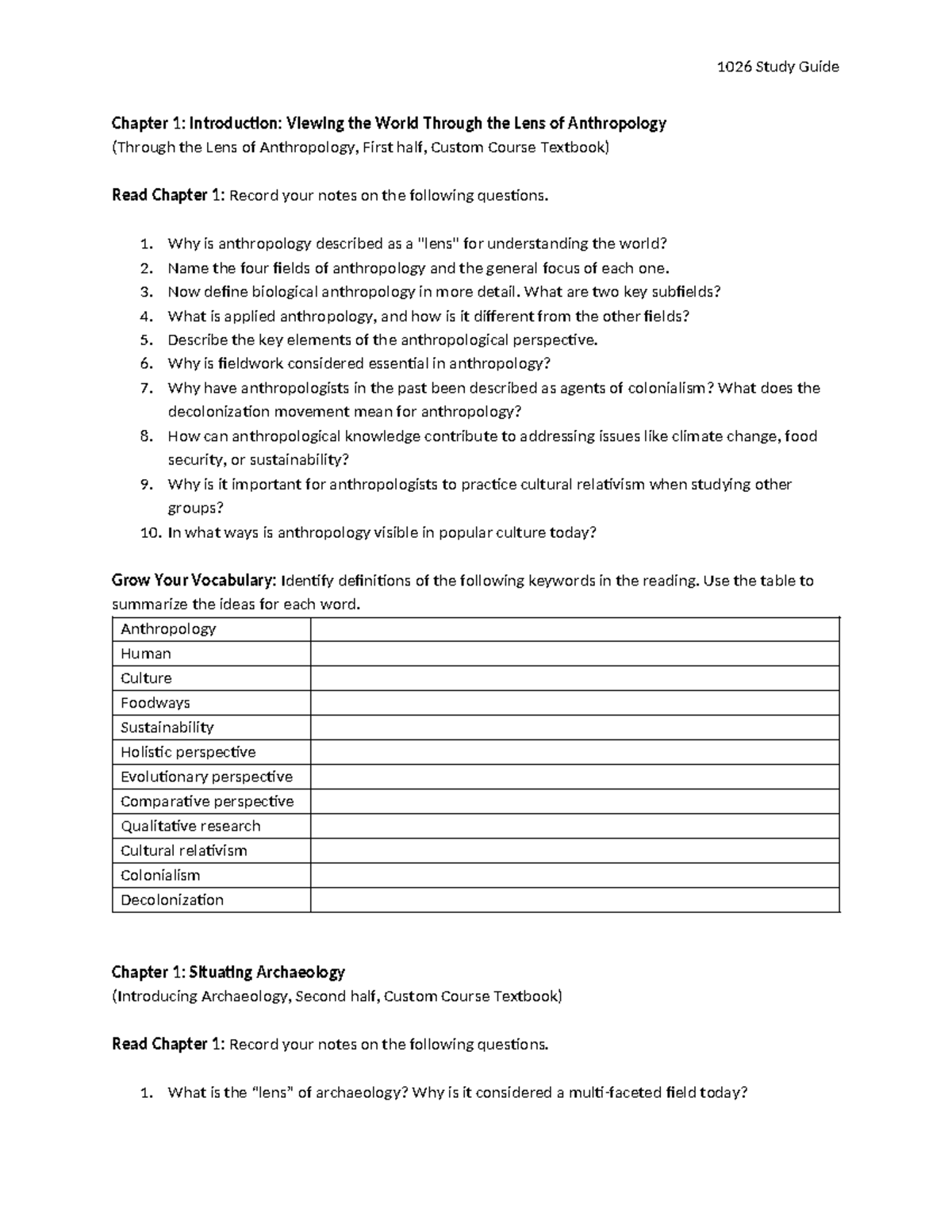 1026 Study Guide: Chapter 1 - Intro to Anthropology & Archaeology - Studocu