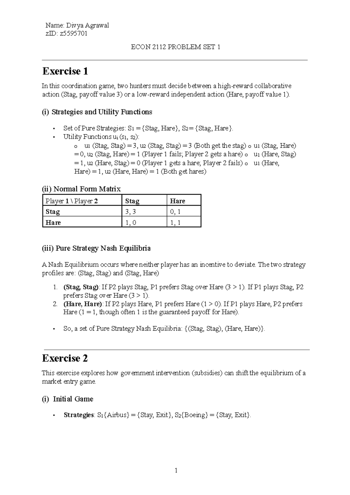ECON 2112.1 - Problem Set 1: Coordination Games & Nash Equilibria - Studocu