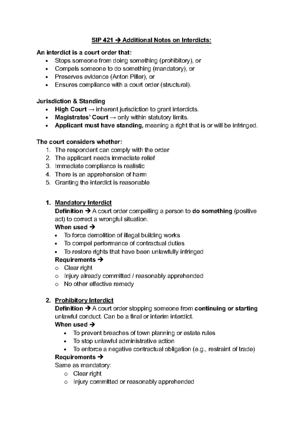 SIP 421: Comprehensive Notes on Interdicts and Their Applications - Studocu