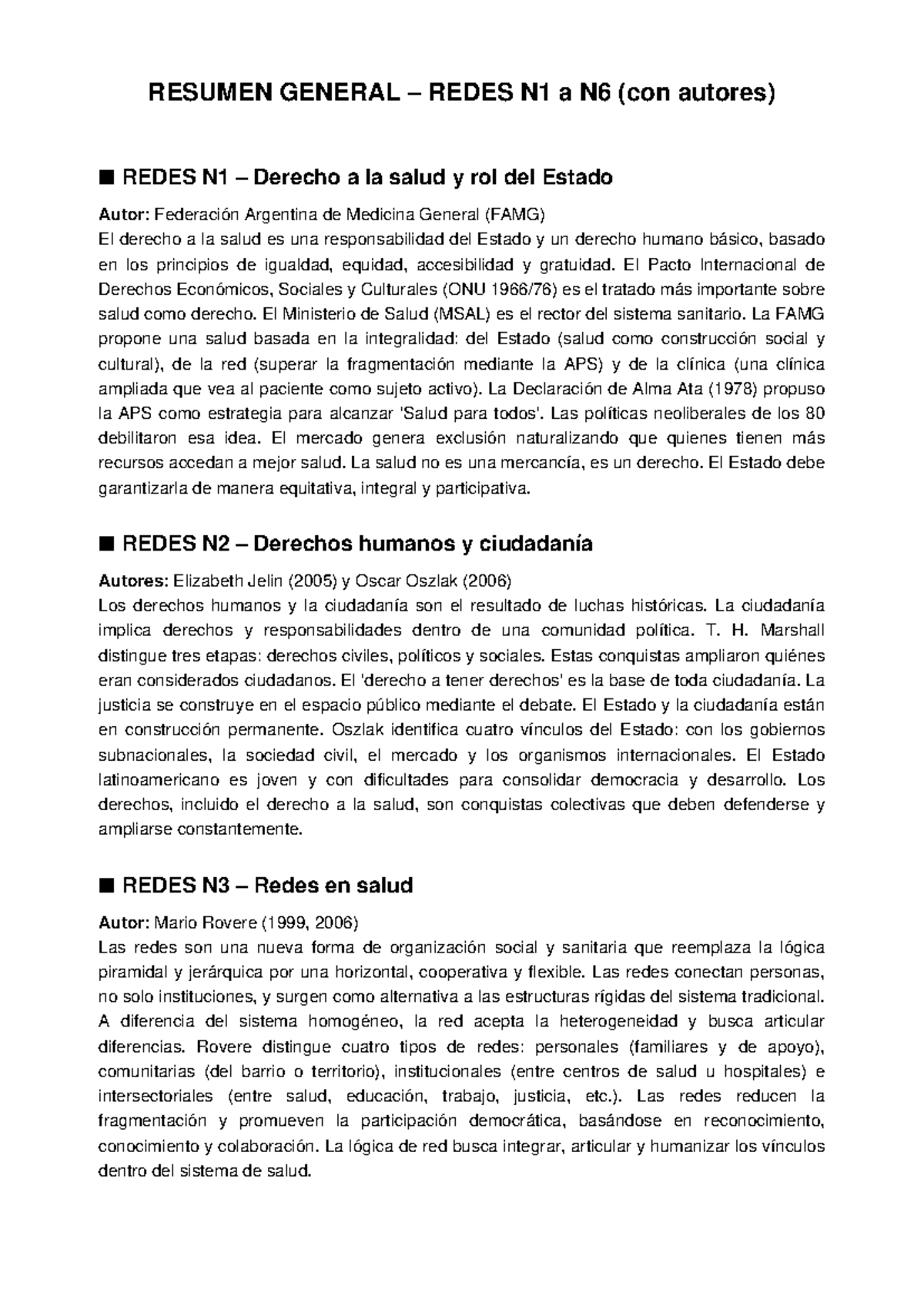 Resumen General de Redes N1 a N6: Salud y Ciudadanía - Studocu