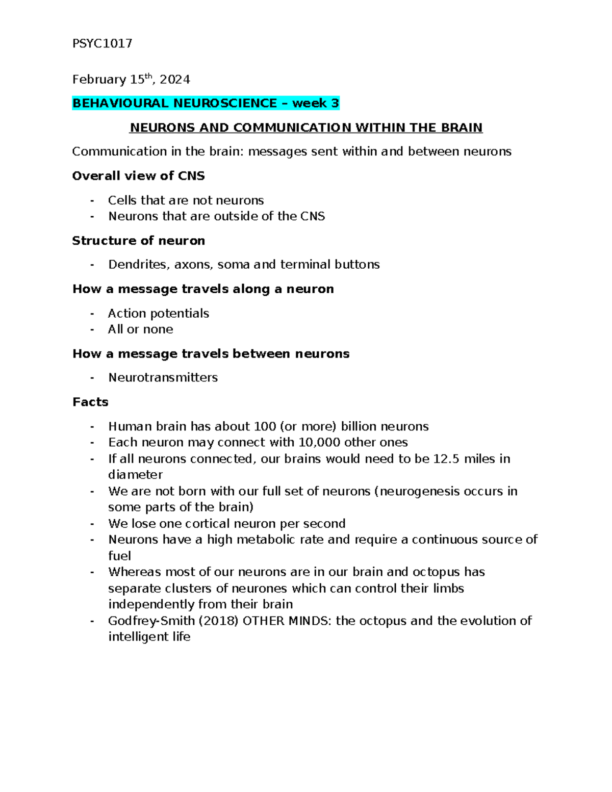 PSYC1017 Week 3 Notes: Neurons & Brain Communication Overview - Studocu