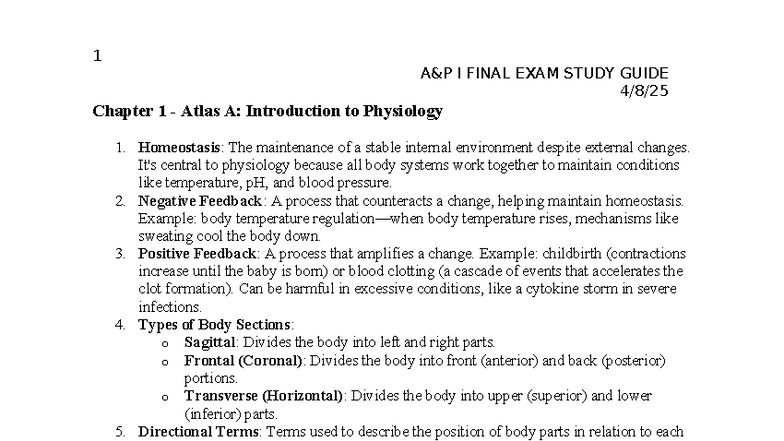 A&P I FINAL EXAM STUDY GUIDE: Key Concepts in Physiology and Anatomy ...