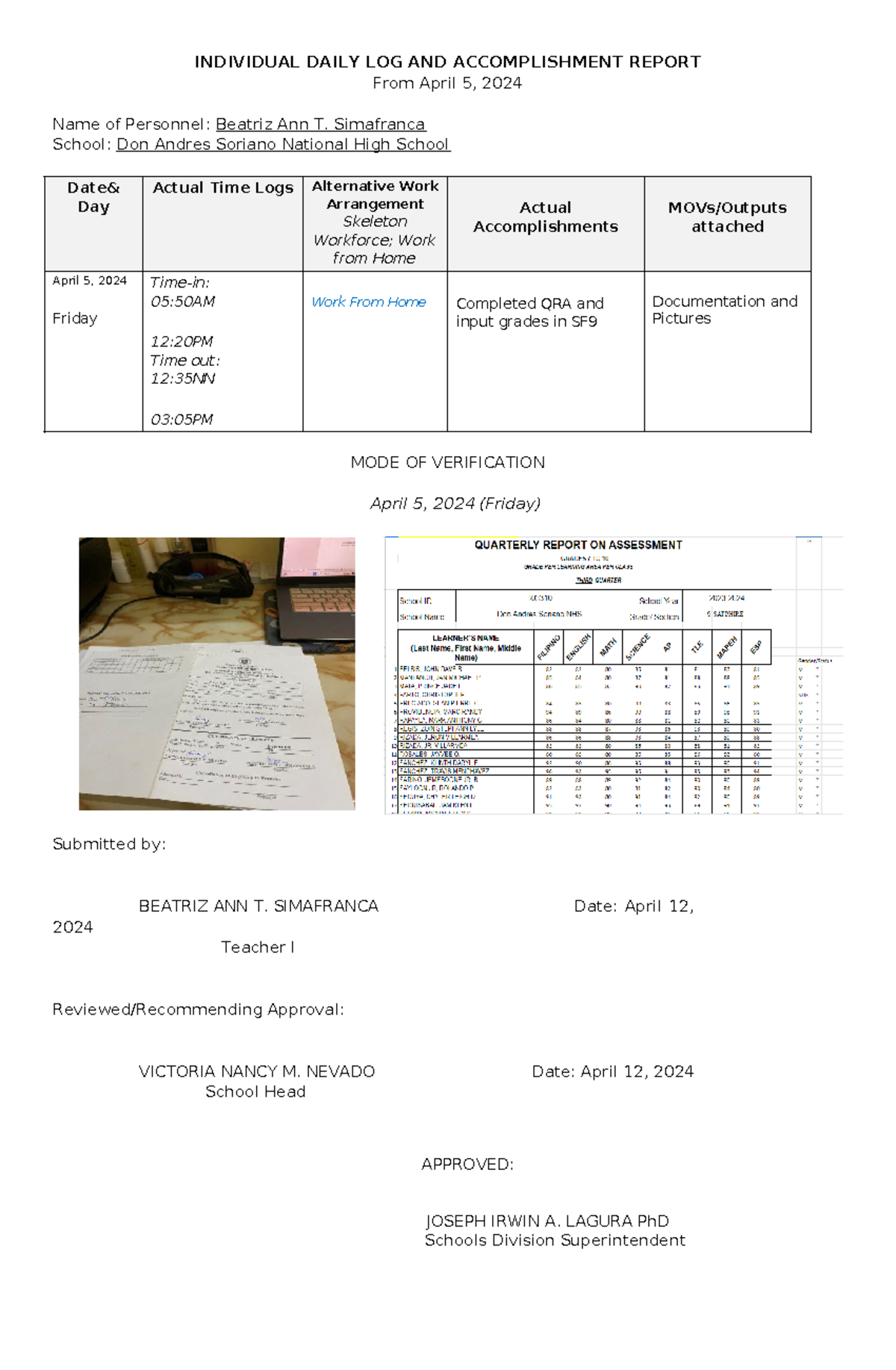IDLER- Individual Daily Log & Accomplishment Report (Apr 5-12, 2024 ...