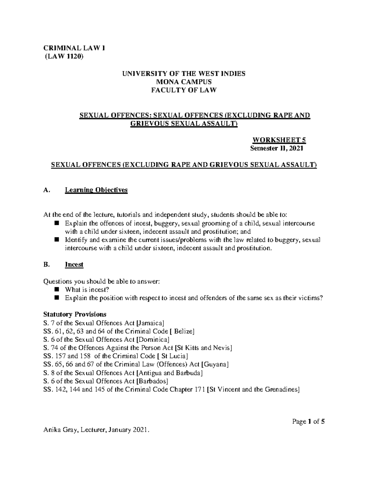Worksheet 5 Sexual Offences 1 (elements and cases) - Criminal Law - UWI ...