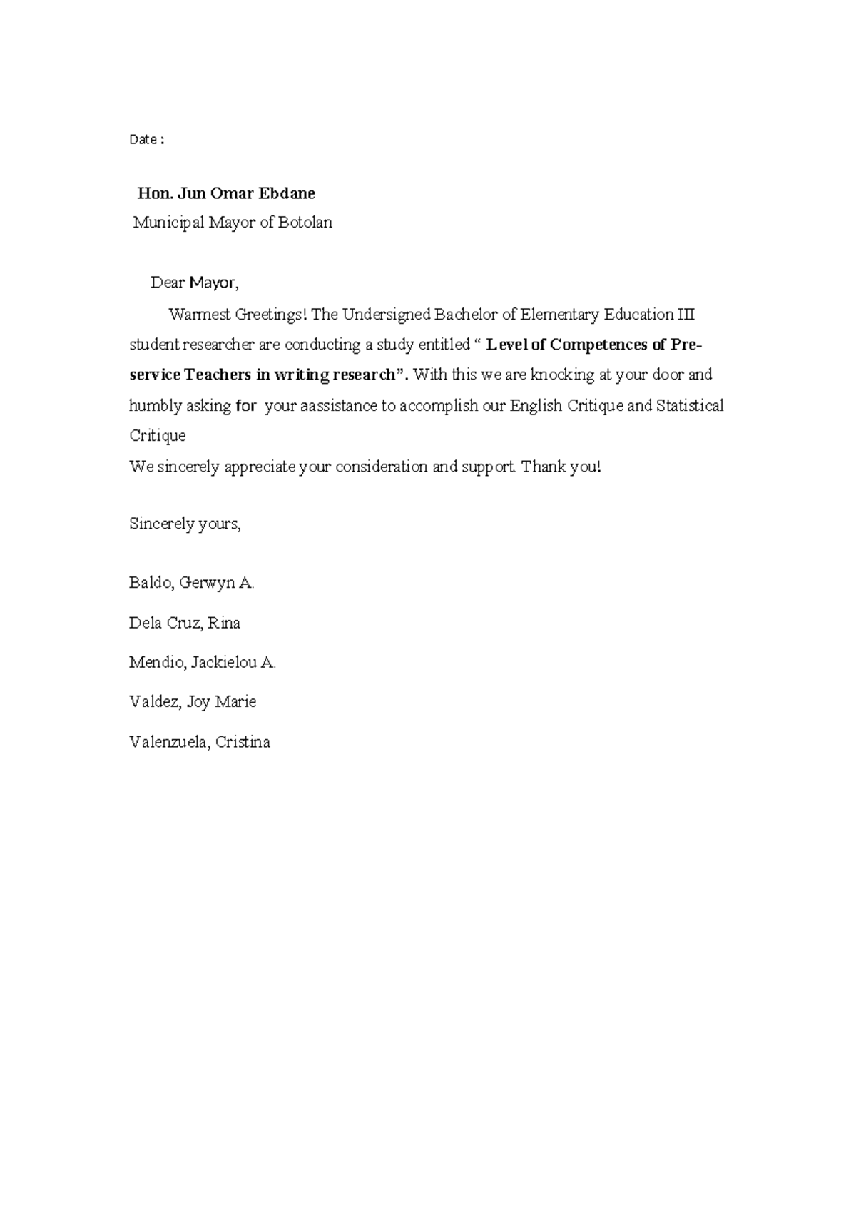 Letter - hajshahs - Date : Hon. Jun Omar Ebdane Municipal Mayor of ...