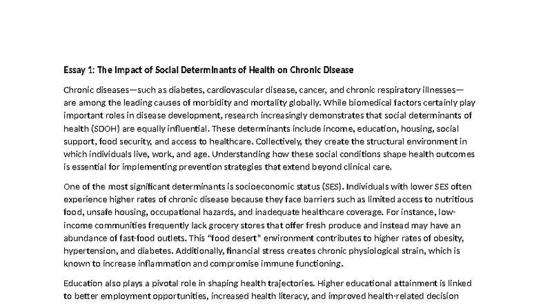 Essay 1: The Impact of Social Determinants on Chronic Disease - Studocu