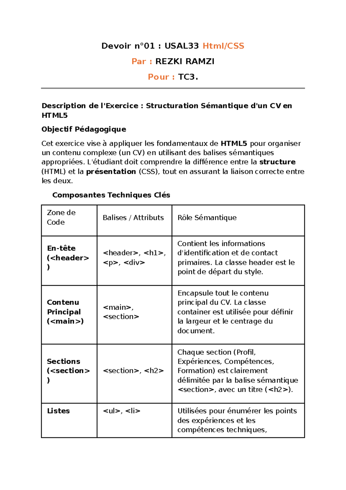 Devoir N°01 : Structuration Sémantique CV en HTML5 - USAL33 - Studocu