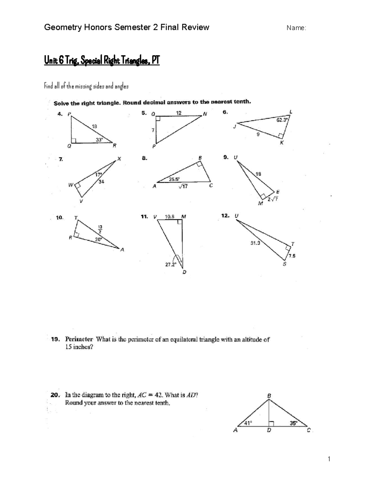 Geometry Honors Semester 2 Final Exam: Trigonometry & Special Right ...