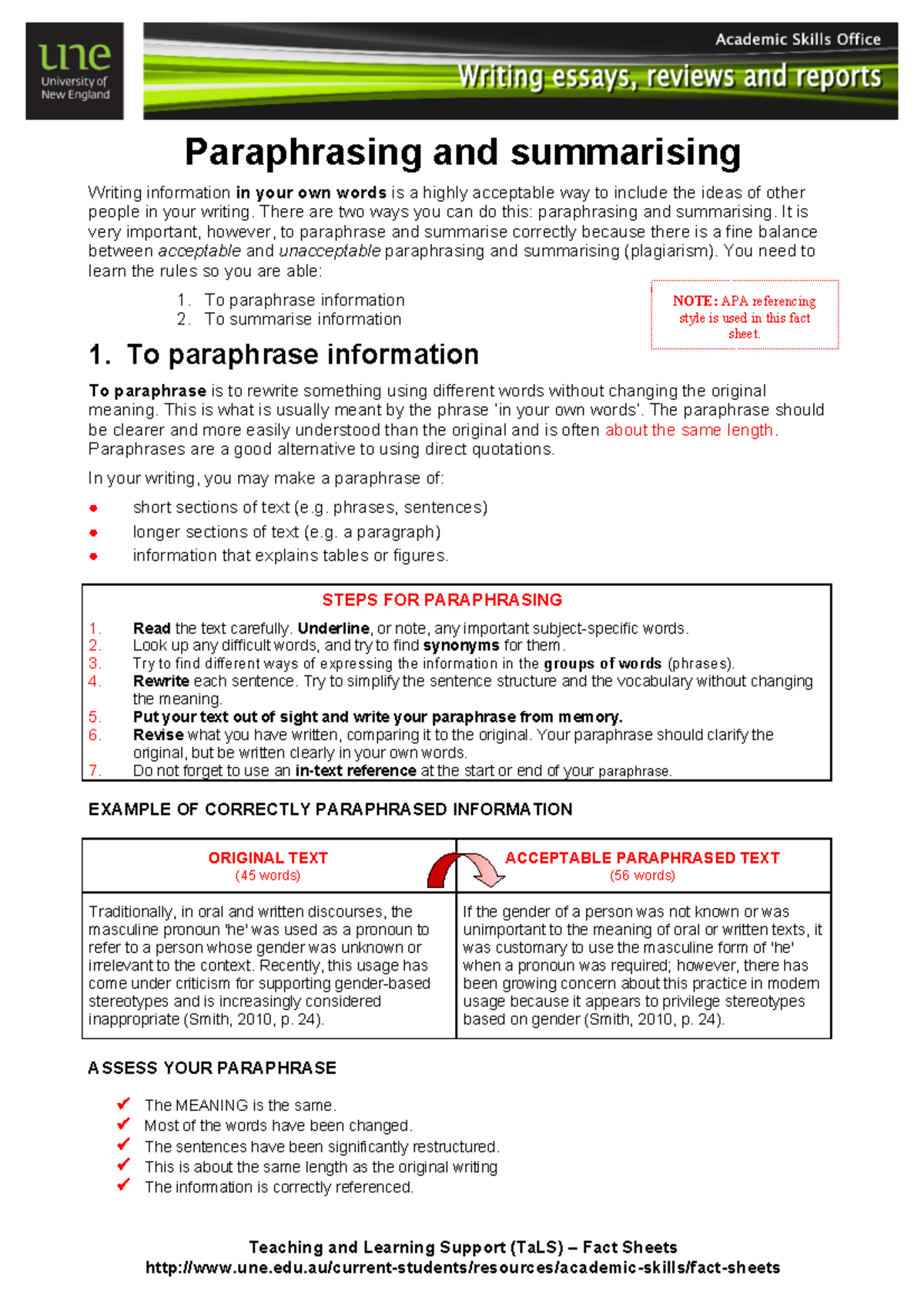 26-Paraphrasing and Summarizing Guide - Academic Skills Resource - Studocu