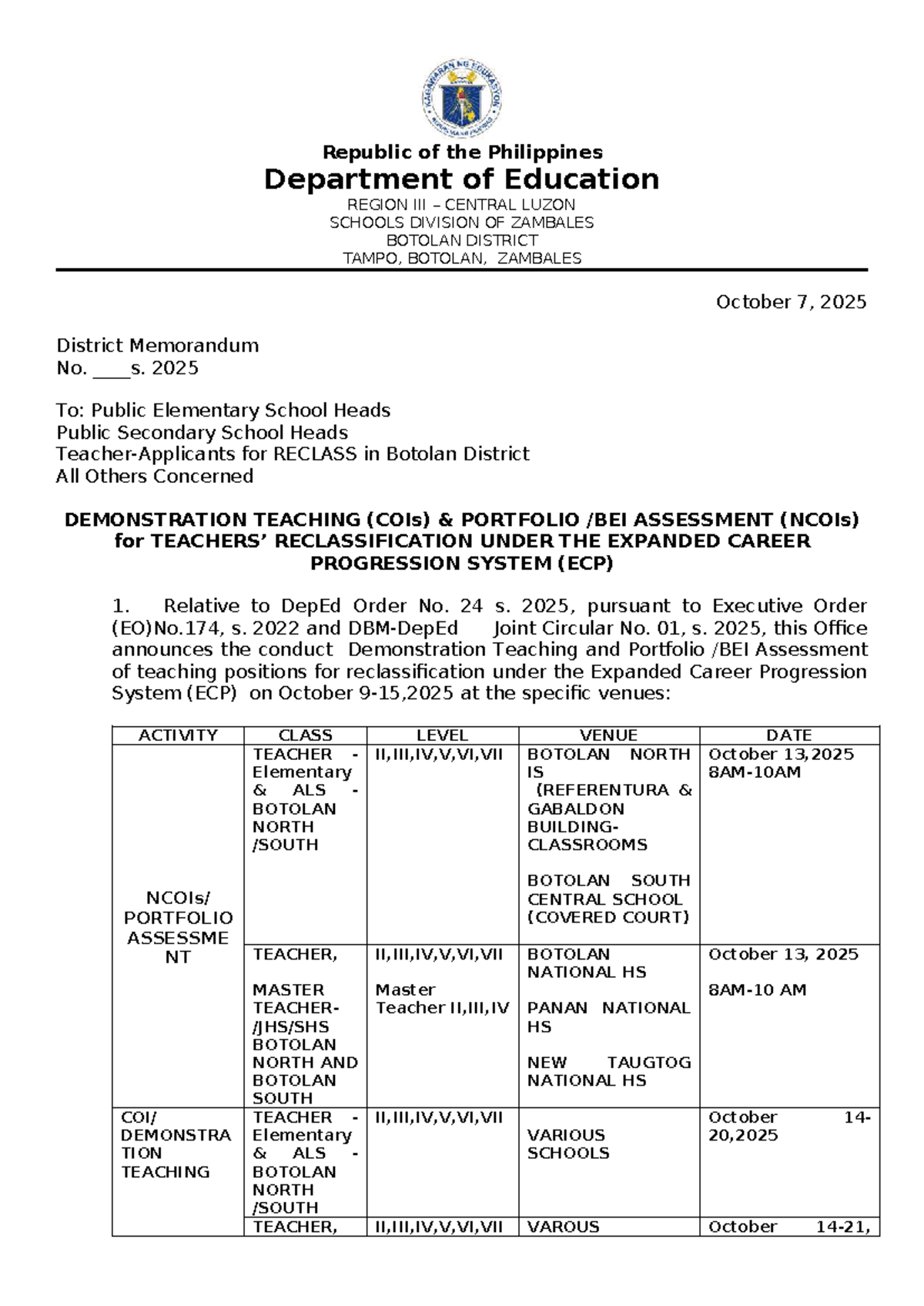 District Memo: Reclassification Demo Teaching & Portfolio Assessment ...